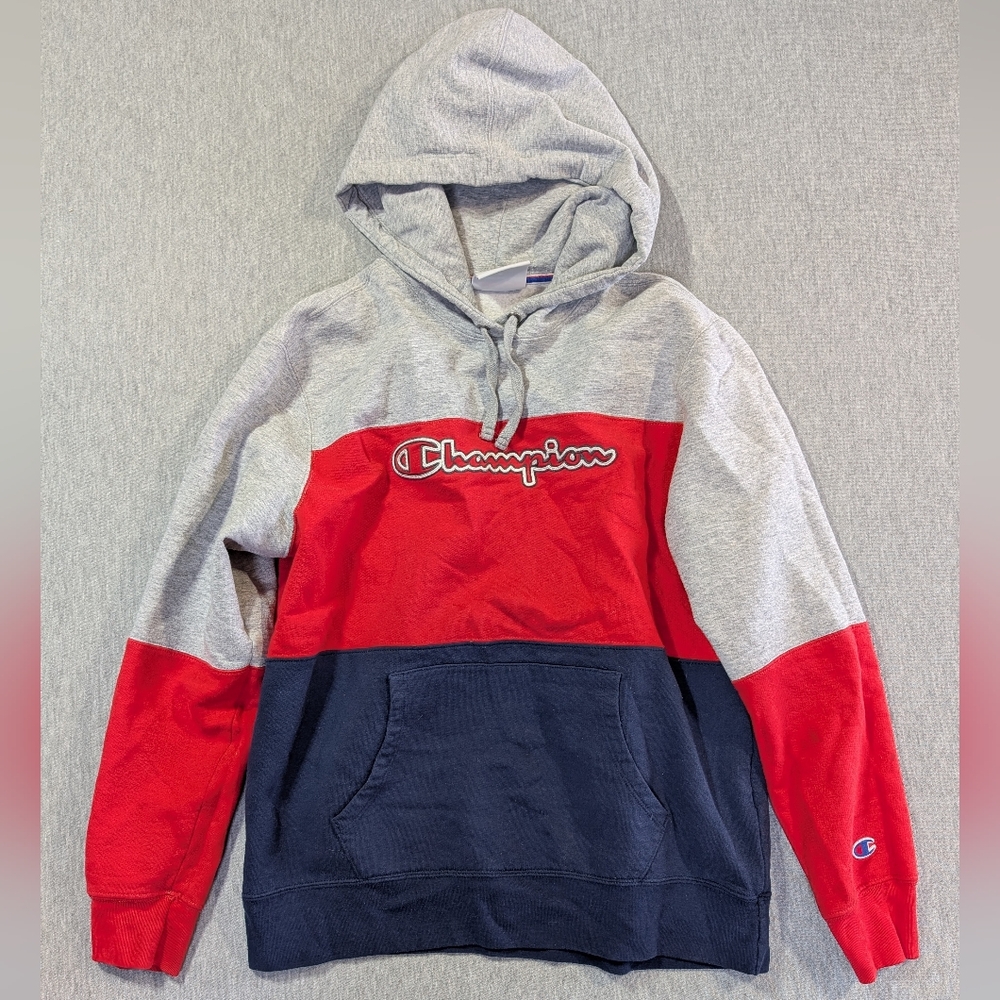 Champion Colorblock Pullover Hoodie Women's Medium Gray Red Blue Logo Front